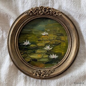 Arte de nenúfares Arte emoldurada para o campo Presente para amigo Decoração de fazenda impressionista Decoração de parede de galeria Pequena obra de arte ORIGINAL a óleo