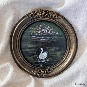 Pequena pintura a óleo ORIGINAL de campo, arte emoldurada com decoração de casa de fazenda, pintura de cisne impressionista, presente feito à mão para amigo amante do vintage