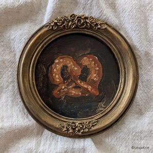 Pintura de empastamento de comida, pintura a óleo ORIGINAL de arte de pretzel de cozinha, arte de parede de galeria doméstica, decoração de casa de campo pequena