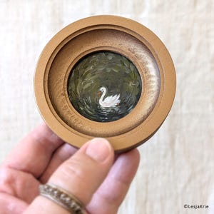 Miniature Swan ORIGINAL Oil Painting: Framed Vintage style bookshelf decor, Unique one of a kind vintage lover gift