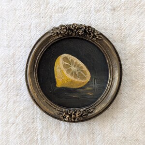 Decoração de cozinha pequena pintura a óleo ORIGINAL redonda, arte de comida com limão, decoração de parede de galeria emoldurada vintage, presente para mãe