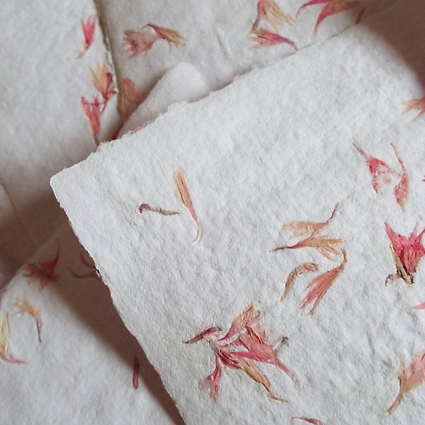 Handmade paper, set of 12, size 5"x 7", pink with pink flower petals