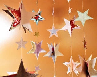 Mobile, handmade paper stars, five strand colorful mobile