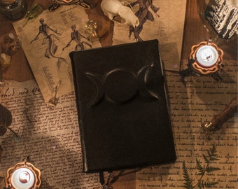 Black leather Triple Goddess Grimoire, magic Book of Shadows BOS