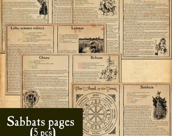 Sabbats 5 Pages Set Digital Printable Grimoire Wheel of the Year Book of Shadows Witches Wicca
