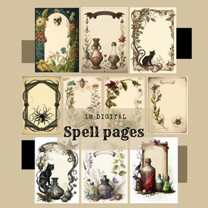 18 Digitales Buch der Schatten Seiten druckbare vintage Rahmen für Zauber, Rezepte, Rituale