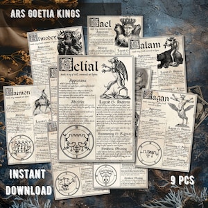 May include: Nine printable cards featuring illustrations and text about the Goetia Kings. Each card includes the King's name, rank, appearance, abilities, legend and history, summoning and ritual, and symbolic meaning. The cards are in a vintage style with a brown background and black text.