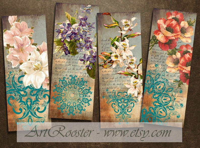 4 printable bookmarks for books vintage flowers bookmark favors wedding bookmarks digital collage sheets digital scrapbook paper diy crafts dexis iberica paper party kids card making stationery