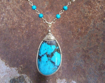 Turquoise Pendant Wire Wrapped, gold fill  wire hand made with Turquoise beads