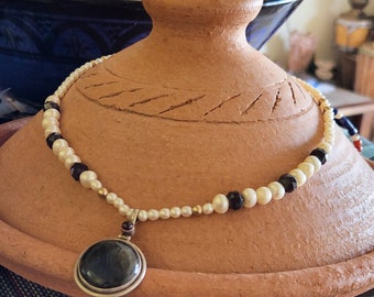 Labradorite Silver Pendant hand made with pearls beads