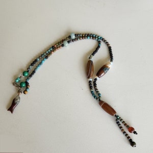 Mala Stones Beads Necklace  with  Tibetan Agate , Turquise and Lava beads,