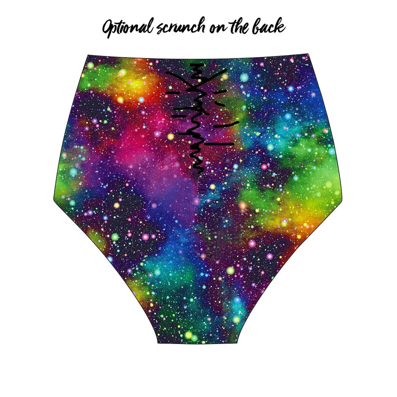 Handmade Printed Swimwear Gymwear Printed Beachwear Scrunch Bottoms Stars and Night Sky Print Galaxy High Waist Bikini Bottoms