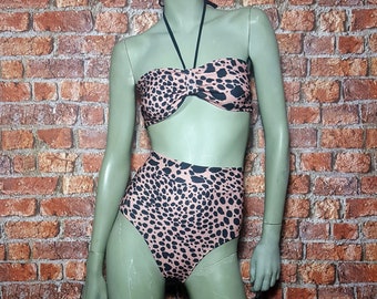 High Waisted Bikini Set |  Two Piece Swimsuit | High Waisted Bottoms  |  Bandeau Top | Womens Swimwear | Animal Print - Dalmation