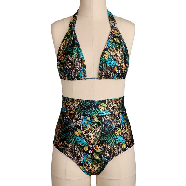 Flattering High Waisted Bottoms & Triangle Top | Unique Handmade Womens Swimwear | Vintage Style Glam Bikini Set | Exotic Cheetah Print