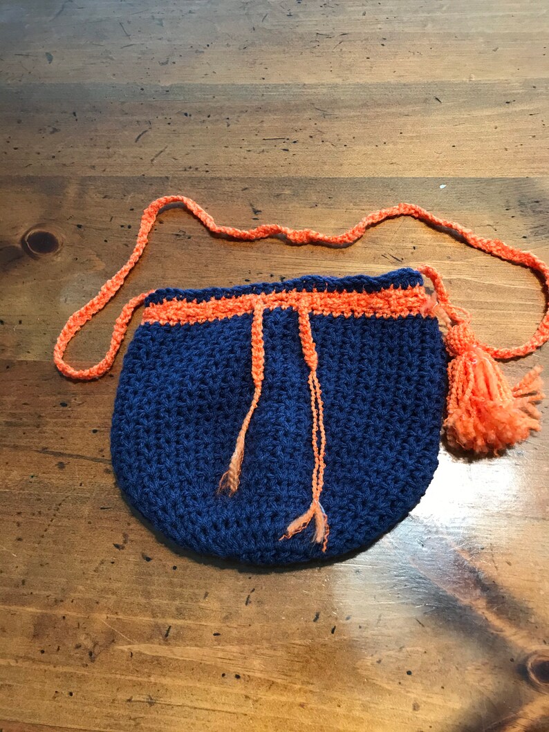 Navy Blue and Orange Drawstring Shoulder Bag with Orange Tassel
