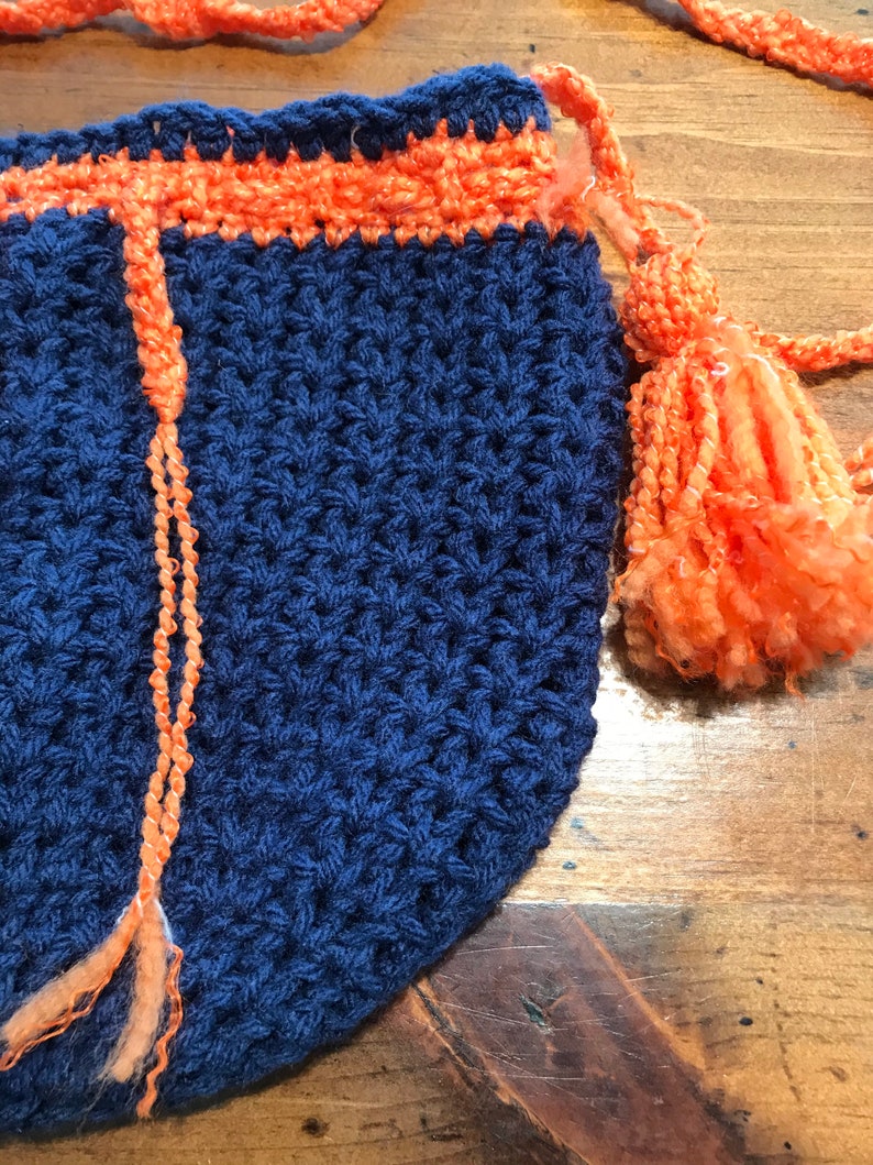 Navy Blue and Orange Drawstring Shoulder Bag with Orange Tassel