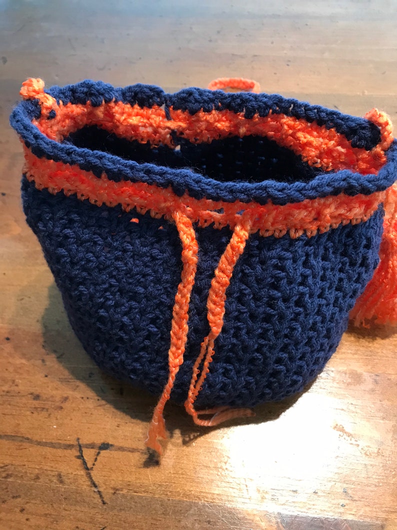 Navy Blue and Orange Drawstring Shoulder Bag with Orange Tassel
