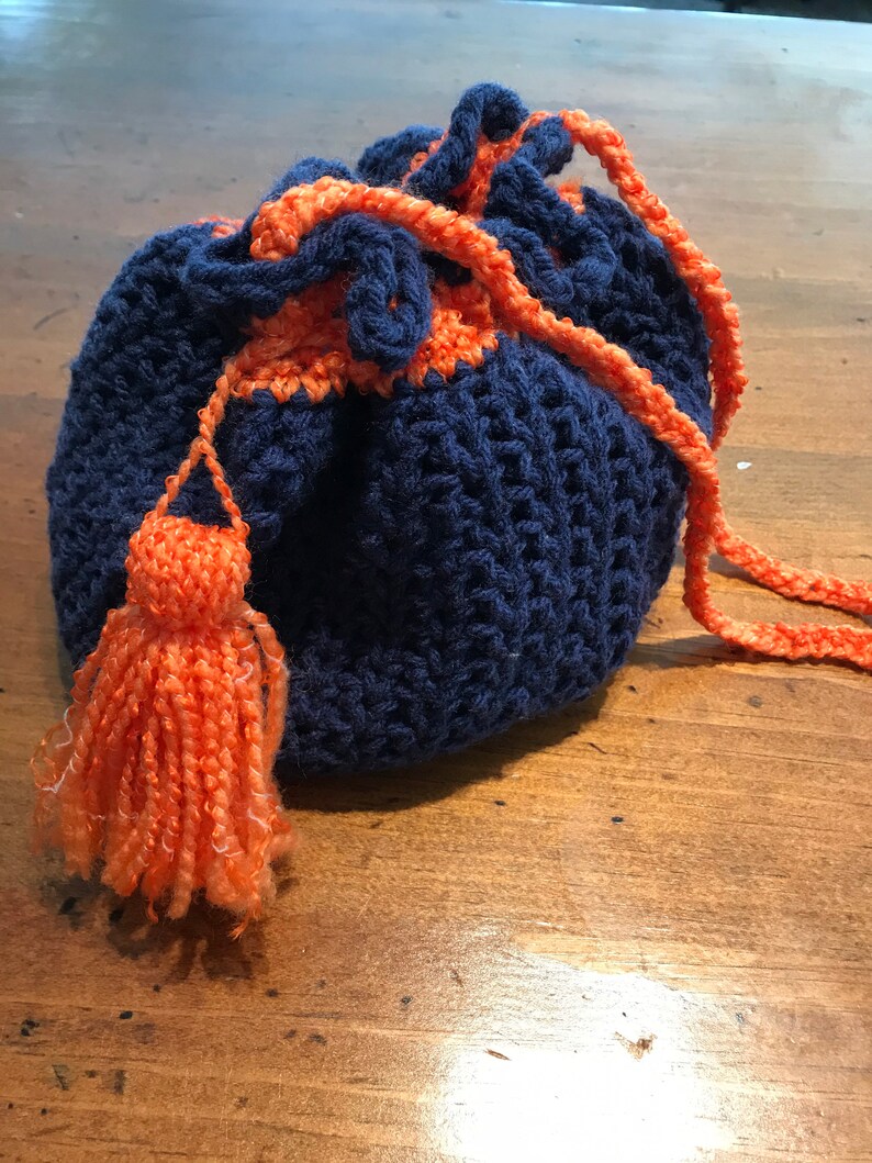 Navy Blue and Orange Drawstring Shoulder Bag with Orange Tassel