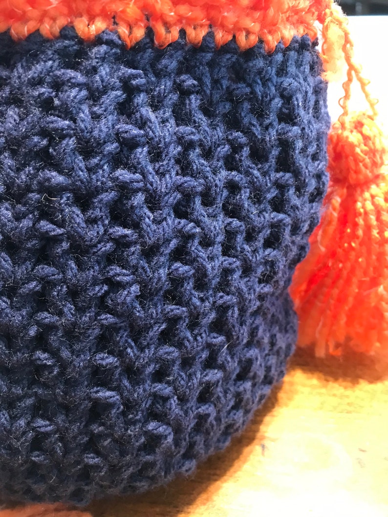 Navy Blue and Orange Drawstring Shoulder Bag with Orange Tassel
