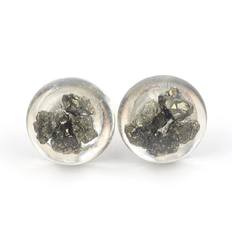 Gift for her Pyrite studs earrings Raw pyrite stud earrings embedded in resin epoxy and sterling silver button shaped Pyrite jewelry