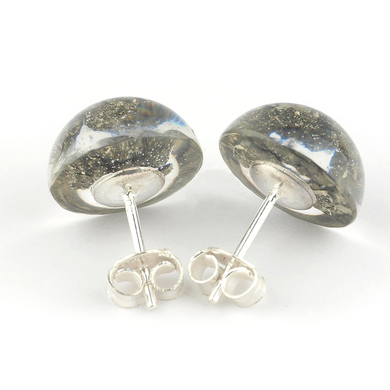 Gift for her Pyrite studs earrings Raw pyrite stud earrings embedded in resin epoxy and sterling silver button shaped Pyrite jewelry
