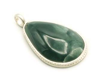 Ophite Pendant and Sterling Silver teardrop-shape, Deep forest green natural stone pendant, Ophite pendant necklace, Gift ideas Mother's day