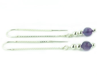 Amethyst and sterling silver earrings, Long pull through threader chain earrings, Purple gemstone earrings, Minimalist Amethyst jewelry