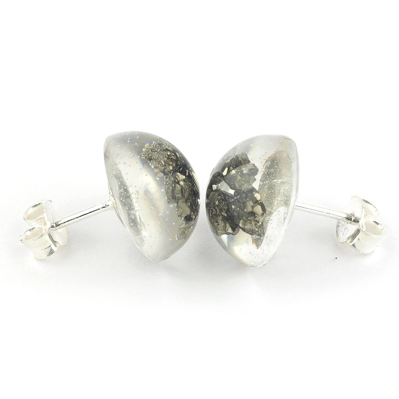 Gift for her Pyrite studs earrings Raw pyrite stud earrings embedded in resin epoxy and sterling silver button shaped Pyrite jewelry