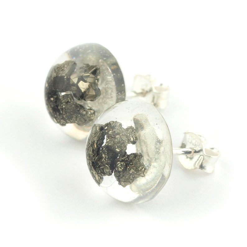 Gift for her Pyrite studs earrings Raw pyrite stud earrings embedded in resin epoxy and sterling silver button shaped Pyrite jewelry