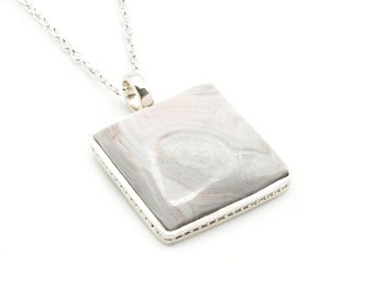 Agate and 925 Silver Chain Pendant Necklace, Natural Stone Square Pendant Necklace, White grey wavy stripes Pendant, Gift for Men Women