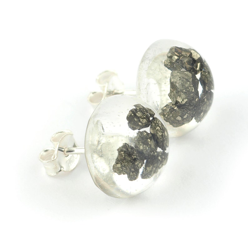 Gift for her Pyrite studs earrings Raw pyrite stud earrings embedded in resin epoxy and sterling silver button shaped Pyrite jewelry
