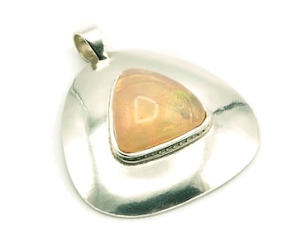 925 Silver and Opal Pendant, Triangular pendant of natural beige mineral with orange reflections, Ethiopian Opal Jewelry, Women's Gift