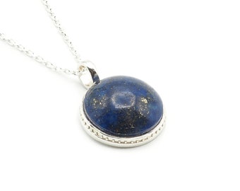 Lapis Lazuli 925 Silver Chain Pendant Necklace, Natural Stone Pendant Necklace, Royal Navy Blue Round Pendant, Simple necklace, Women Gift