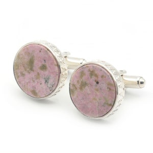 Cufflinks for Men's Shirt with Piemontite and Sterling Silver round-shaped, Wedding Party Gifts for Men, Groom wedding gemstone cufflinks
