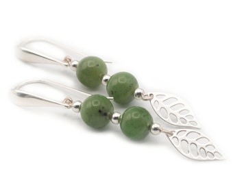 Long Jade Nephrite Earrings set in Sterling Silver 925, Green drop gemstone earrings, Simple romantic earrings, Woman anniversary gift