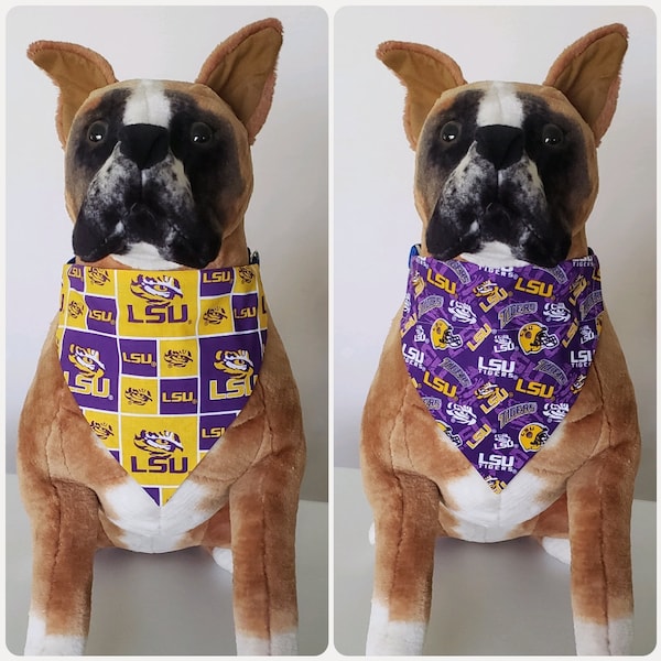 Reversible Bandana, Made With Louisiana State University Fabric, Tigers, Scarf, Dog, Cat, Pet, Slip On Over The Collar, 2 in one