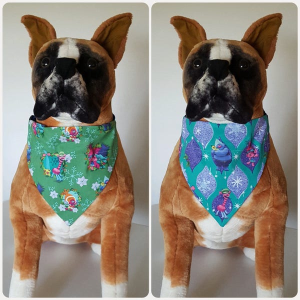 Reversible Bandana, Christmas Made From Trolls Fabric, Scarf, Cat, Dog, Pet, Slip On Over The Collar, 2 in one