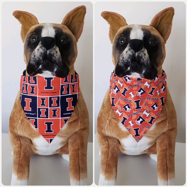 Reversible Bandana, Made With University of Illinois Fabric, Fighting Illini, Scarf, Dog, Cat, Pet, Slip On Over The Collar, 2 in one