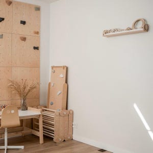May include: A wooden climbing wall with colorful holds, a wooden shelf with a rope ring, and a wooden play structure with a ladder and a climbing wall.