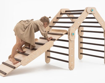 HAPPYMOON® DARKWOOD CLIMBER with two ramps, wooden gymnastic complex, transformable triangle, Montessori ramps, climbing Gym.