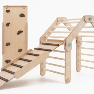 HAPPYMOON® NATURAL CLIMBER mit Rampen, Klettergerüst aus Holz, verwandelbares Dreieck, Montessori-Rampen, Kletterhalle, Spielzimmer Climber + both ramps