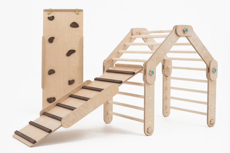 HAPPYMOON® NATURAL CLIMBER mit Rampen, Klettergerüst aus Holz, verwandelbares Dreieck, Montessori-Rampen, Kletterhalle, Spielzimmer Climber + both ramps