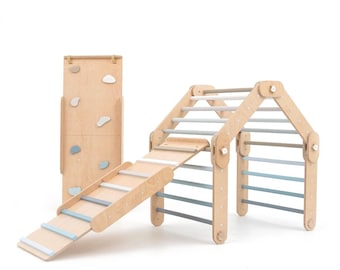 HAPPYMOON Blue climber with two blue ramps, Pikler triangle, climbing gym, Montessori