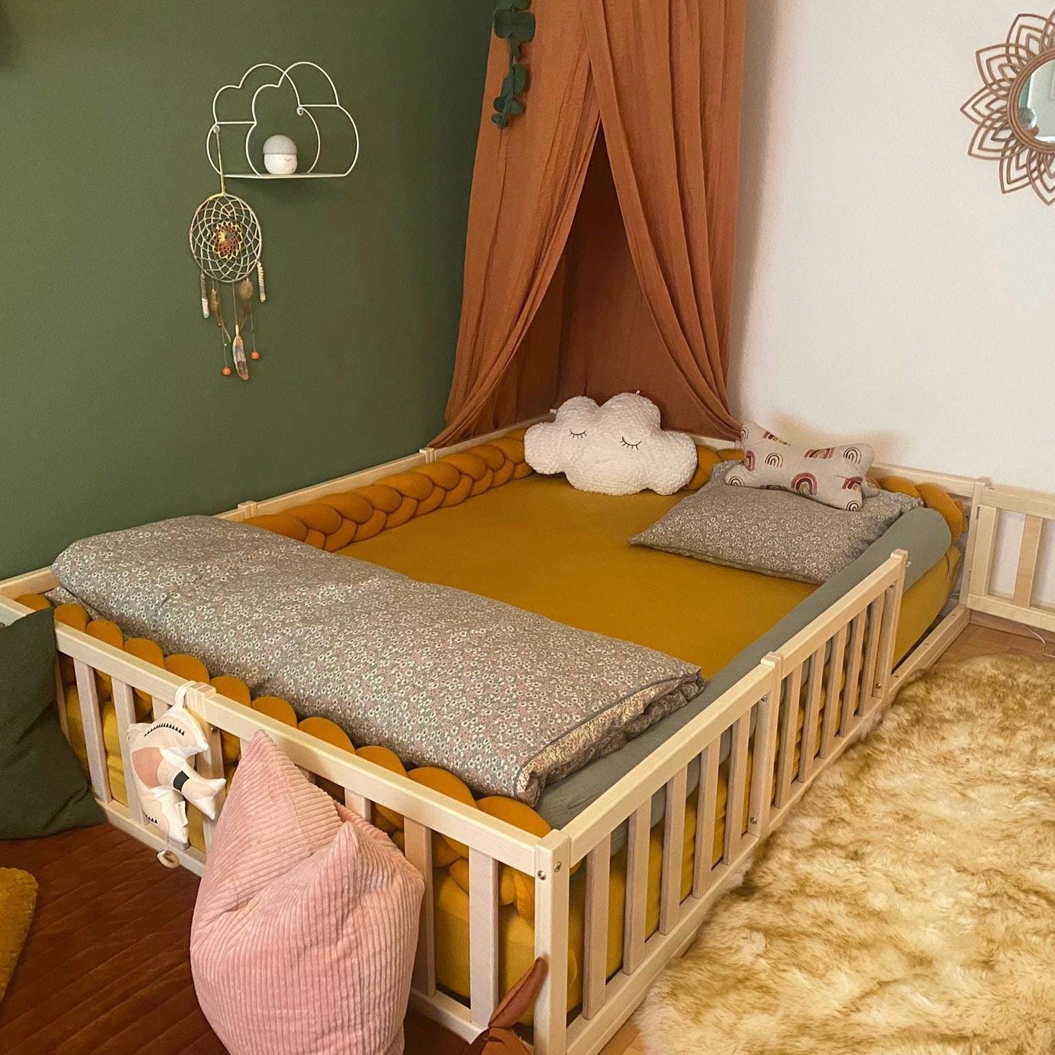 Queen Size Montessori Floor Bed With Fence & Stairs - PU Upholstered Frame, No Box Spring Needed, For Kids