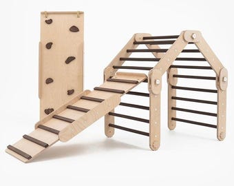 HAPPYMOON® DARKWOOD CLIMBER with two darkwood ramps, wooden gymnastic complex, transformable triangle, Montessori ramps, climbing Gym.