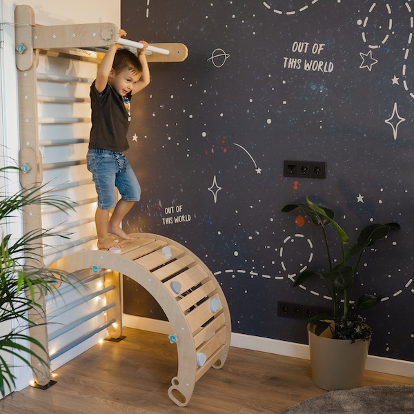 HAPPYMOON® arco de escalada, rampa, arco de balancín, juguetes Montessori, muebles montessori, balancín arcoíris, juguete de escalada de madera para niños pequeños