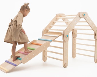 HAPPYMOON® ESCALADOR NATURAL con rampas de colores, triángulo transformable, luna feliz, rampa Montessori, triángulo para niños pequeños, triángulo de escalada