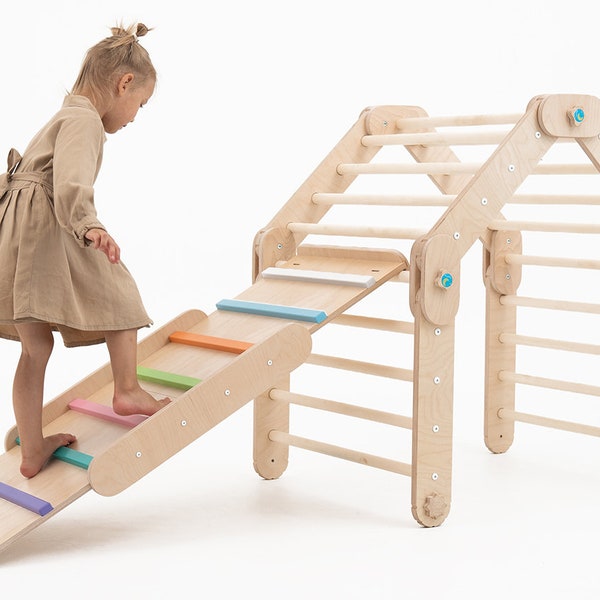 HAPPYMOON® NATURAL CLIMBER mit farbigen Rampen, verwandelbares Dreieck, Happymoon, Montessori-Rampe, Kleinkind-Dreieck, Kletterdreieck