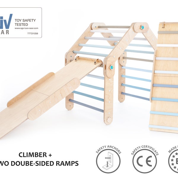 HAPPYMOON® BLUE CLIMBER with two ramps, wooden gymnastic complex, transformable triangle, Montessori ramps, climbing Gym.