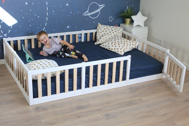 HAPPYMOON® Lit au sol Montessori blanc avec lattes, lit de bébé, lit d'enfant, lit plateforme Montessori pour tout-petit, stylo d'enfant salle de jeux image 3